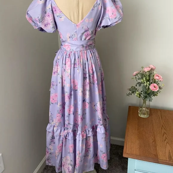 Lilac Floral Puff Sleeve High Waist Surplice Maxi Dress with Bow - Picture 14 of 16